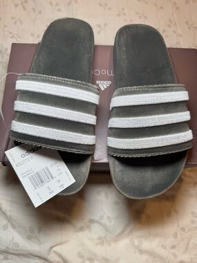 adidas Gray Slide Velvet Sandals with White Stripes